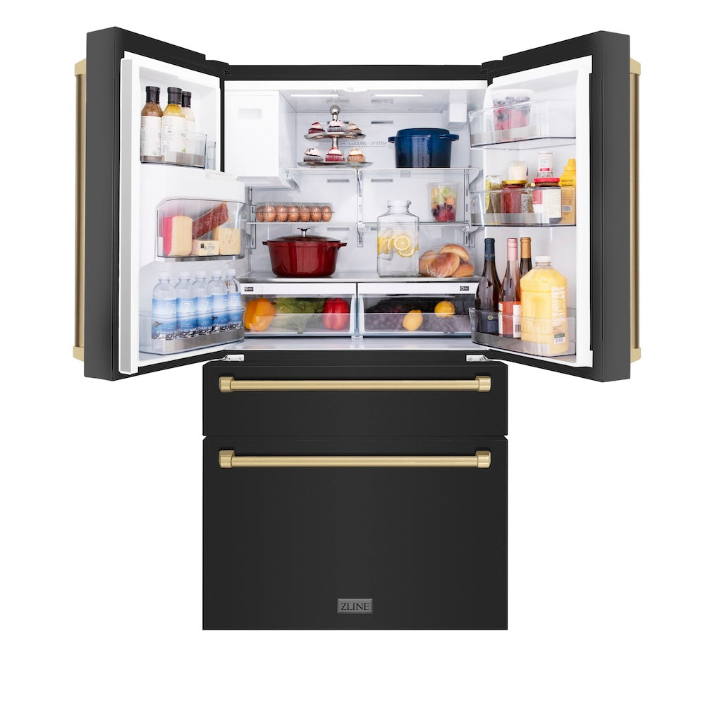 ZLINE Autograph Edition 36-inch refrigerator in fingerprint-resistant black stainless steel with bright white interior and champagne bronze accents RFMZ-W-36-BS-CB, front view