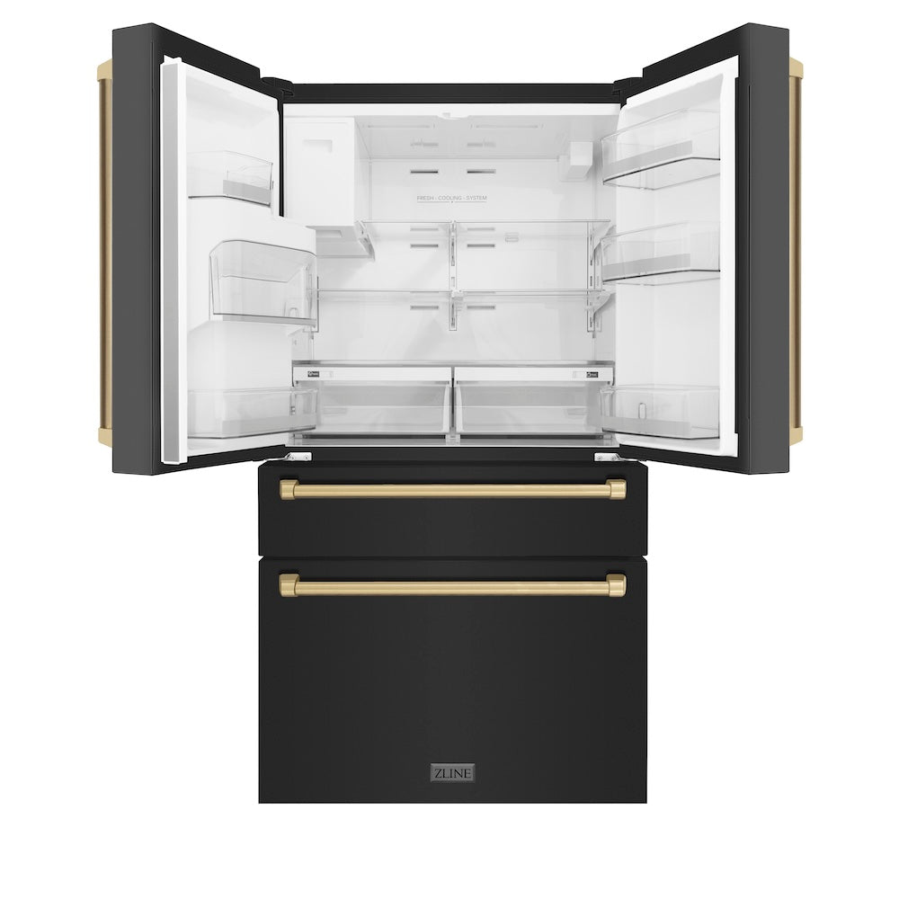 ZLINE Autograph Edition 36-inch refrigerator in fingerprint-resistant black stainless steel with bright white interior and champagne bronze accents RFMZ-W-36-BS-CB, front view