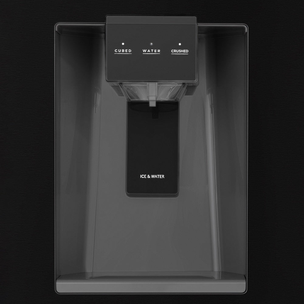 ZLINE Autograph Edition 36-inch refrigerator in fingerprint-resistant black stainless steel with bright white interior and champagne bronze accents RFMZ-W-36-BS-CB, detail