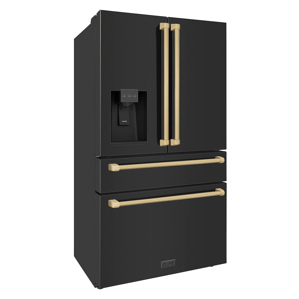 ZLINE Autograph Edition 36-inch refrigerator in fingerprint-resistant black stainless steel with bright white interior and champagne bronze accents RFMZ-W-36-BS-CB, side view