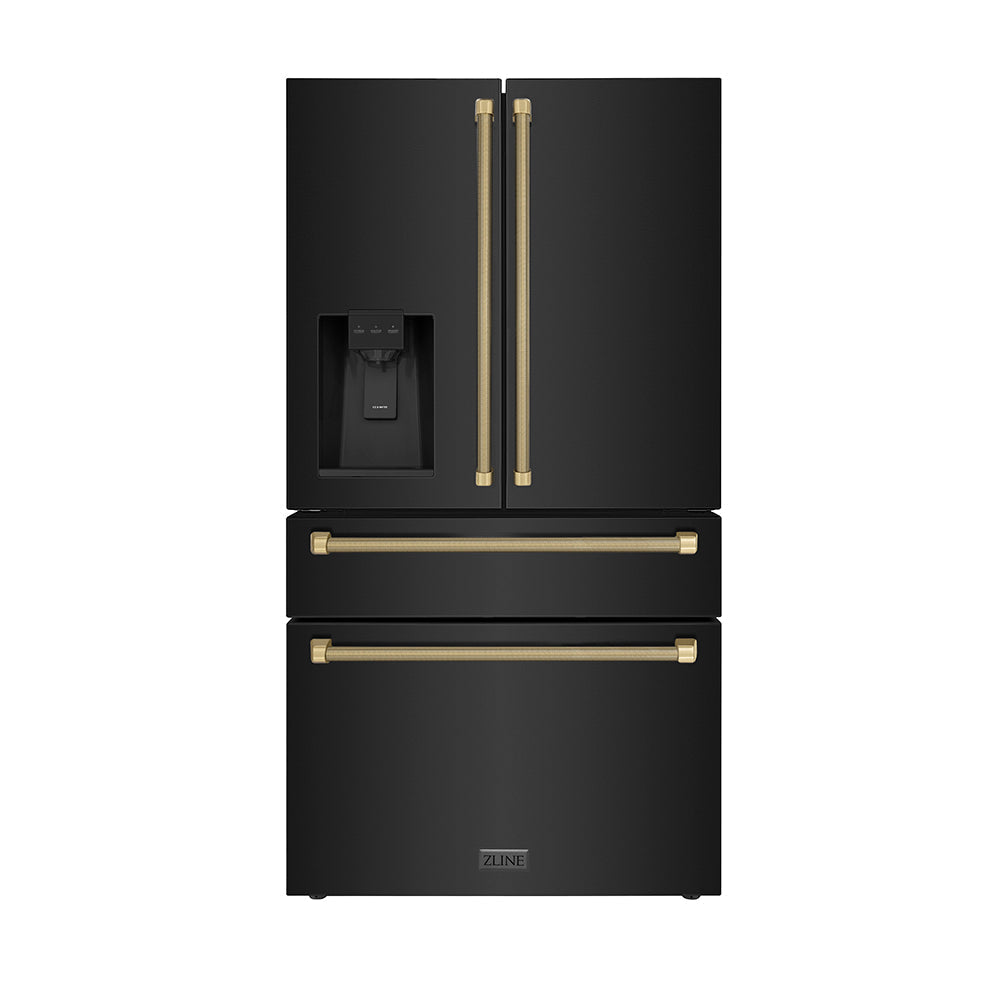 ZLINE Autograph Edition 36-inch refrigerator in fingerprint-resistant black stainless steel with bright white interior and champagne bronze accents RFMZ-W36-BS-KCB