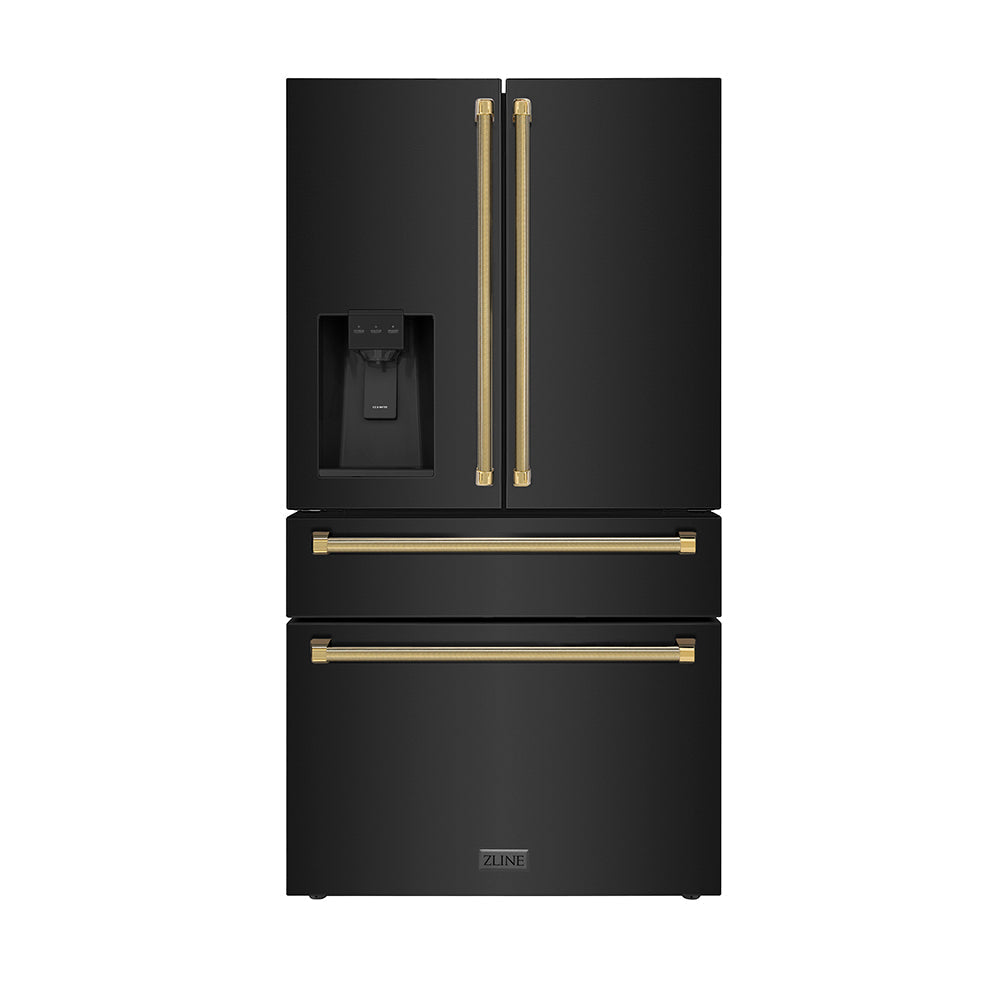 ZLINE Autograph Edition 36-inch refrigerator in fingerprint-resistant black stainless steel with bright white interior and polished gold accents RFMZ-W-36-BS-KG