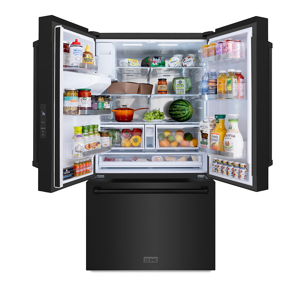 ZLINE 36-inch refrigerator in fingerprint-resistant black stainless steel with bright white interior RSM-W-36-BS, front view