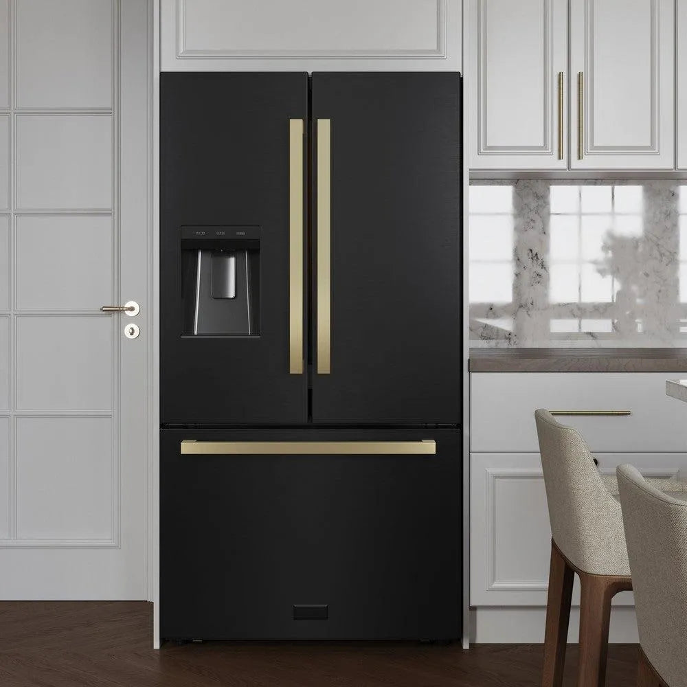 ZLINE Autograph Edition 36-inch refrigerator in fingerprint-resistant black stainless steel with bright white interior and champagne bronze accents RSMZ-W36-BS-FCB, front view
