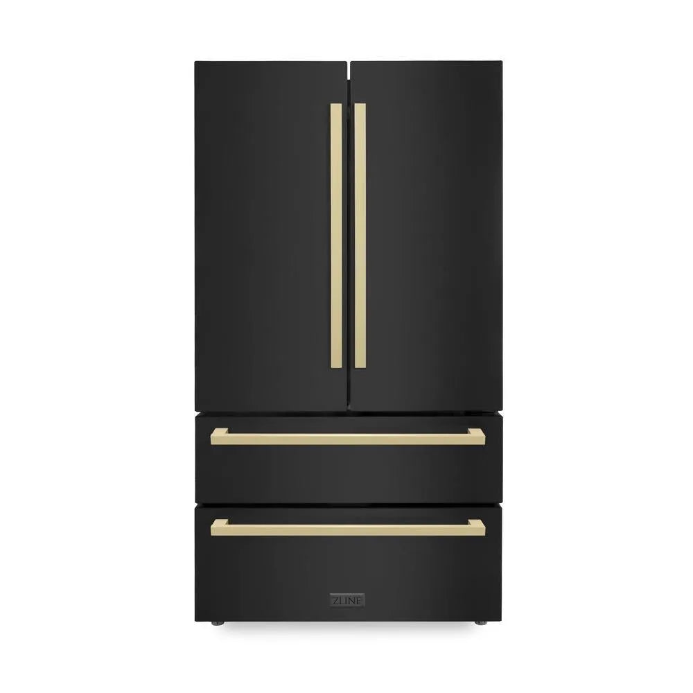 ZLINE Autograph Edition 36-inch refrigerator in fingerprint-resistant black stainless steel with bright white interior and champagne bronze accents RFMZ-36-BS-FCB