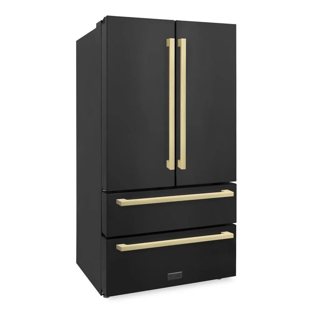 ZLINE Autograph Edition 36-inch refrigerator in fingerprint-resistant black stainless steel with bright white interior and champagne bronze accents RFMZ-36-BS-FCB, side view