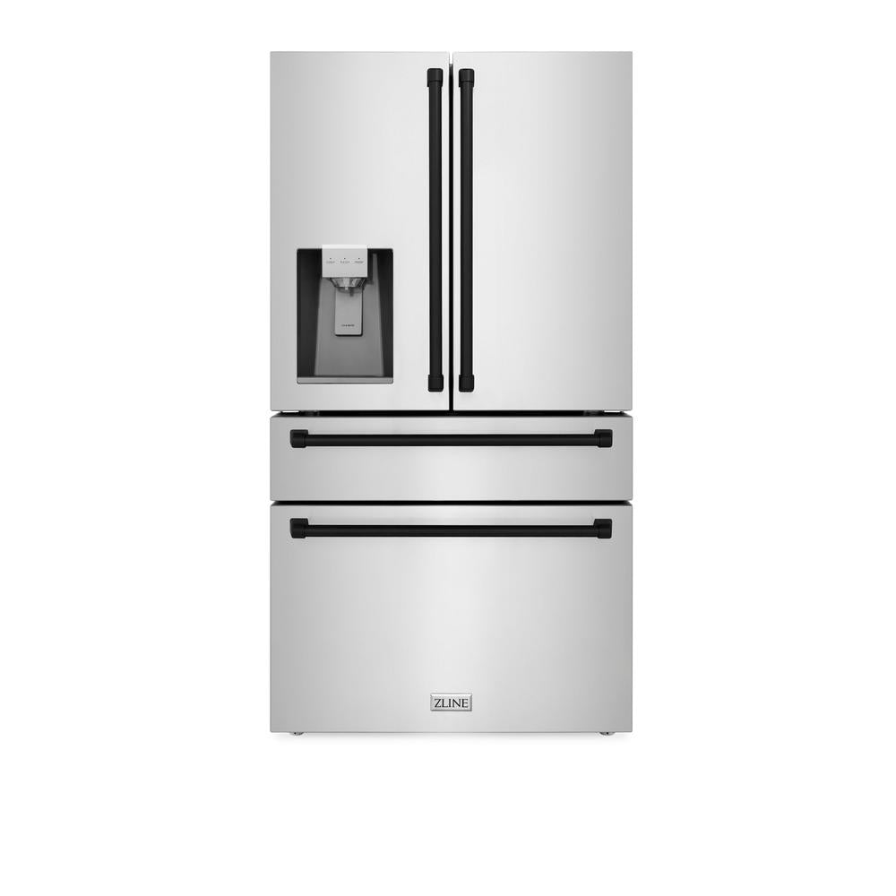 ZLINE Autograph Edition 36-inch refrigerator in fingerprint-resistant stainless steel with bright white interior and matte black accents RFMZ-W-36-MB, front view