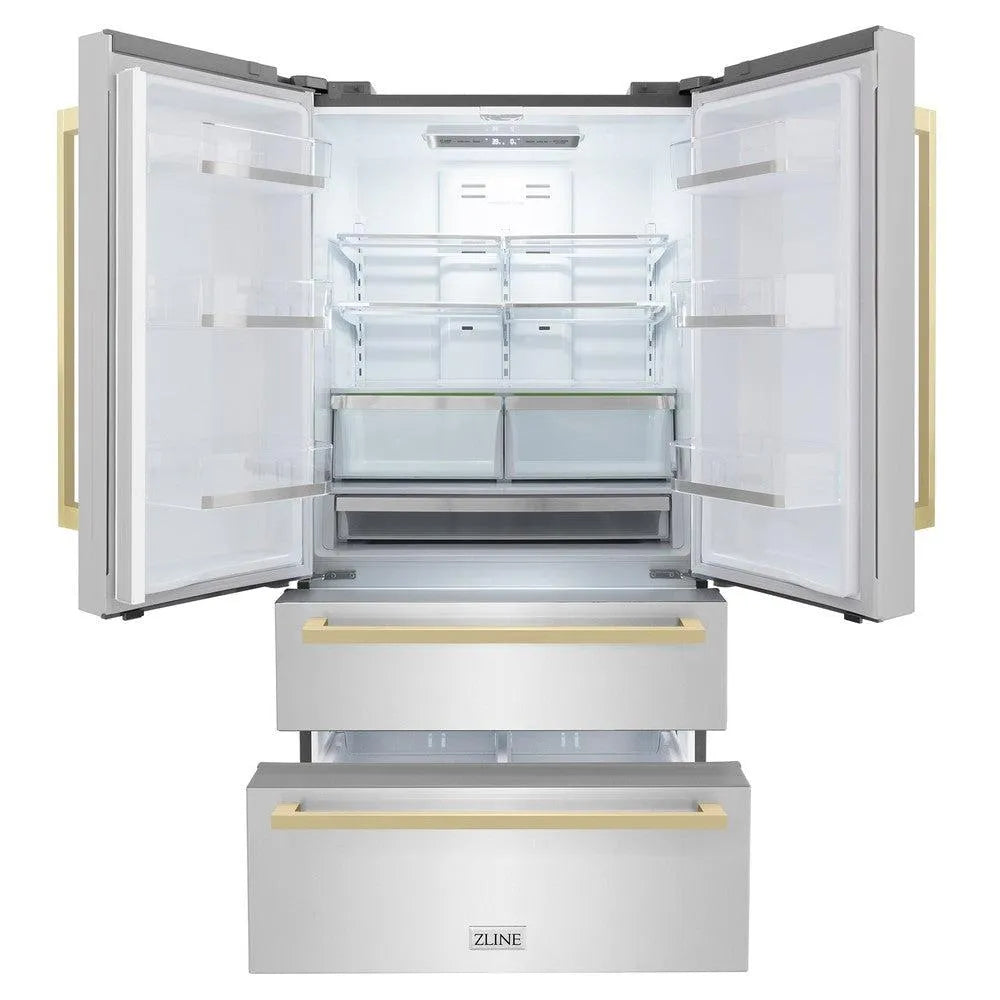 ZLINE Autograph Edition 36-inch refrigerator in fingerprint-resistant stainless steel with bright white interior and champagne bronze accents RFMZ-36-FCB, front view