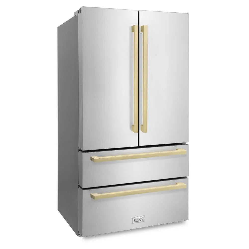 ZLINE Autograph Edition 36-inch refrigerator in fingerprint-resistant stainless steel with bright white interior and champagne bronze accents RFMZ-36-FCB, side view