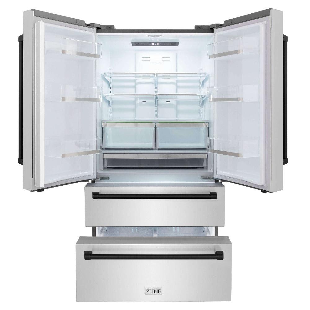 ZLINE Autograph Edition 36-inch refrigerator in fingerprint-resistant stainless steel with bright white interior and matte black accents RFMZ-36-MB, front view