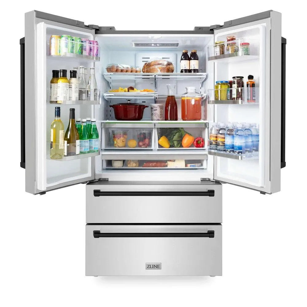 ZLINE Autograph Edition 36-inch refrigerator in fingerprint-resistant stainless steel with bright white interior and matte black accents RFMZ-36-MB, front view