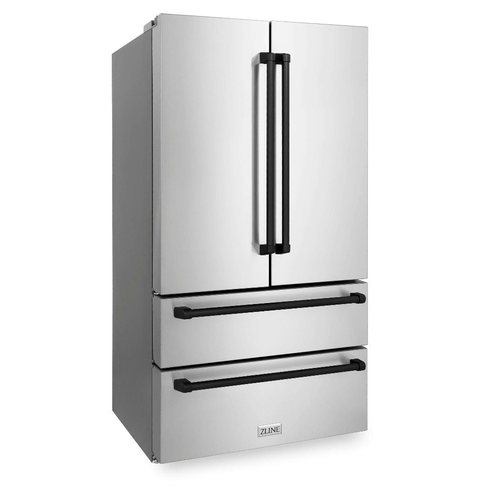 ZLINE Autograph Edition 36-inch refrigerator in fingerprint-resistant stainless steel with bright white interior and matte black accents RFMZ-36-MB, side view