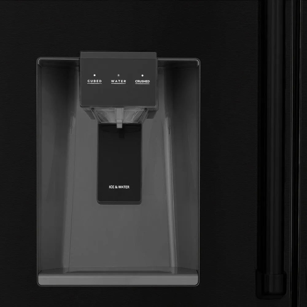 ZLINE Autograph Edition 36-inch refrigerator in fingerprint-resistant black stainless steel with bright white interior and champagne bronze accents RFMZ-W36-BS-FCB, detail