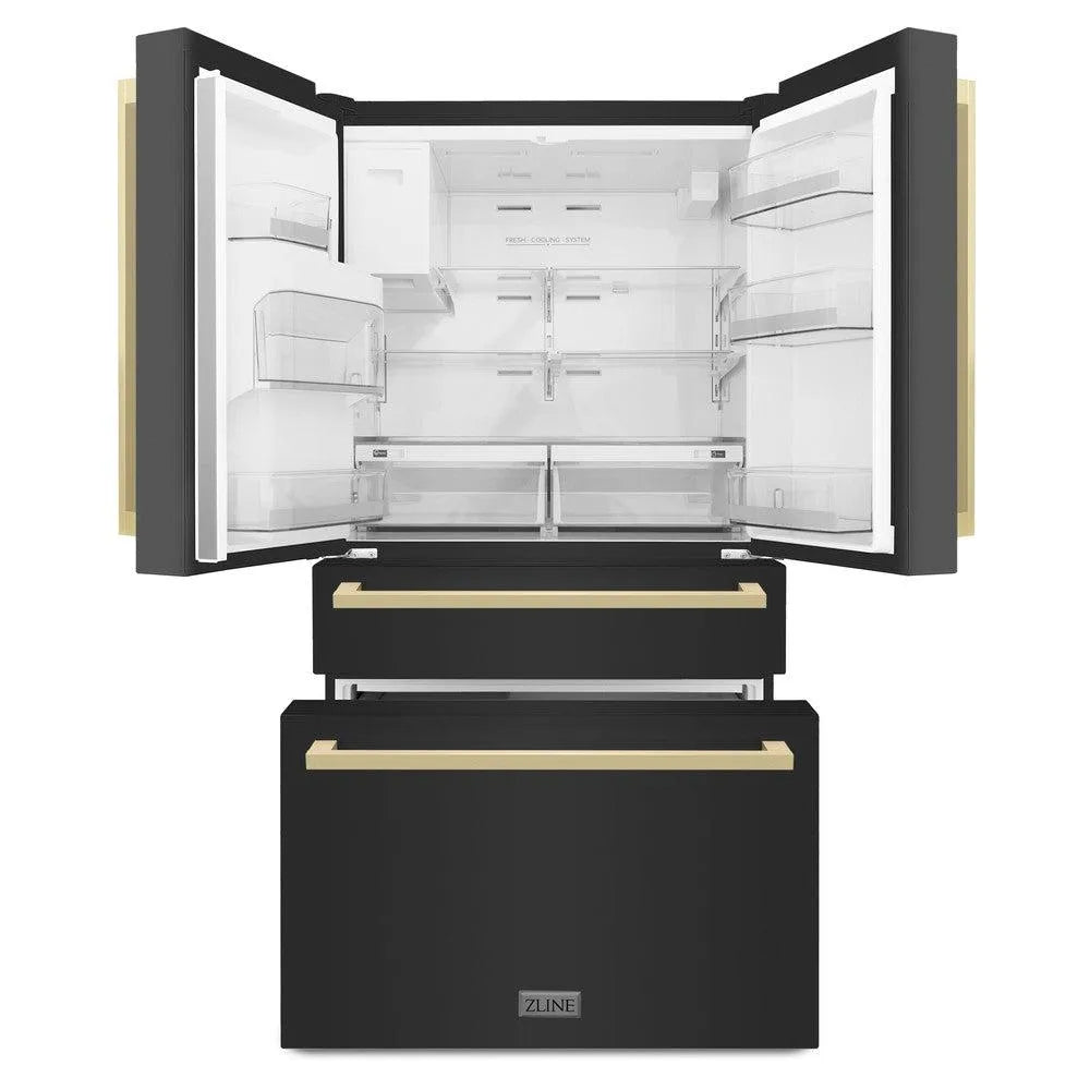 ZLINE Autograph Edition 36-inch refrigerator in fingerprint-resistant black stainless steel with bright white interior and champagne bronze accents RFMZ-W36-BS-FCB, front view