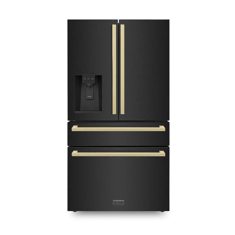 ZLINE Autograph Edition 36-inch refrigerator in fingerprint-resistant black stainless steel with bright white interior and champagne bronze accents RFMZ-W36-BS-FCB