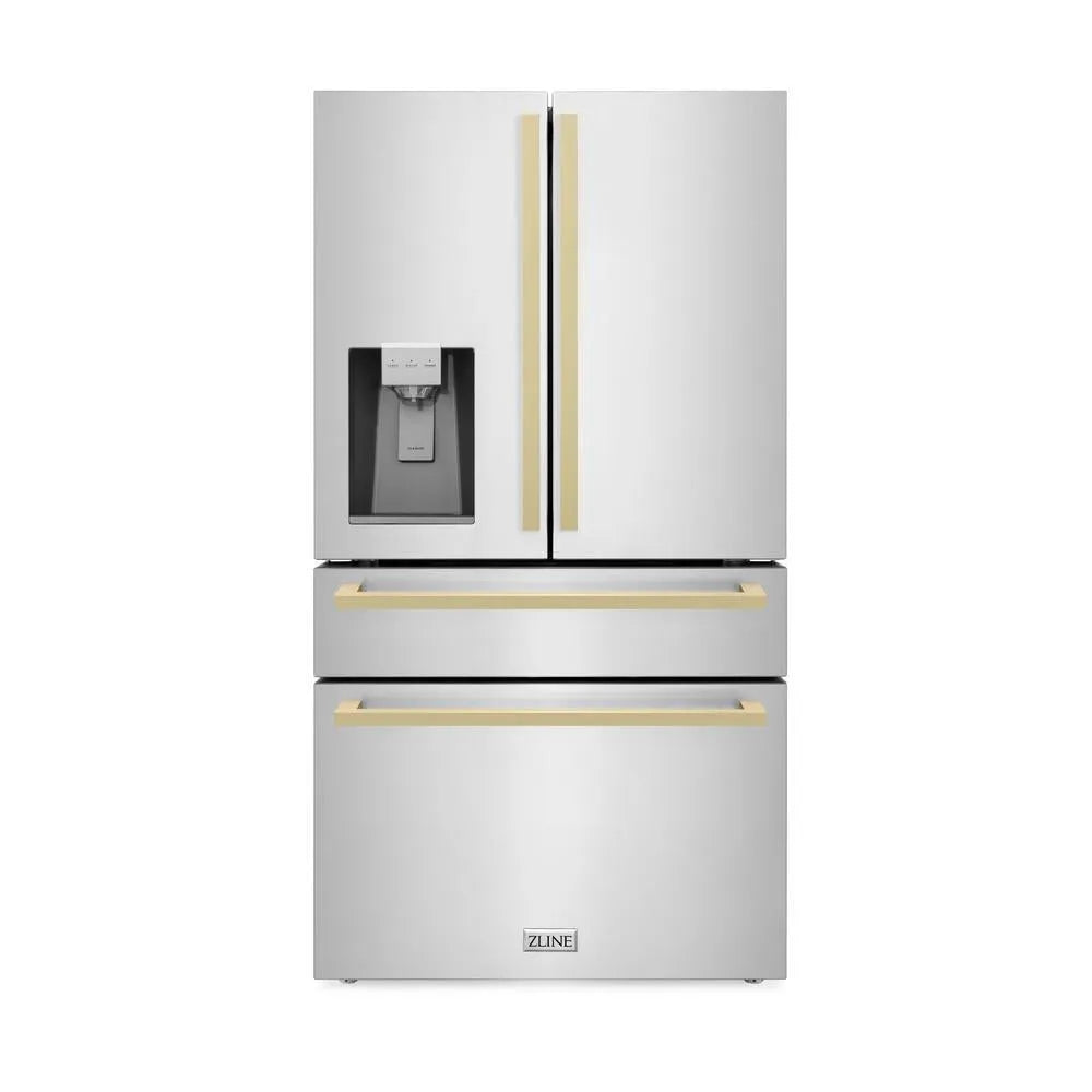 ZLINE Autograph Edition 36-inch refrigerator in fingerprint-resistant stainless steel with bright white interior and champagne bronze accents RFMZ-W-36-FCB