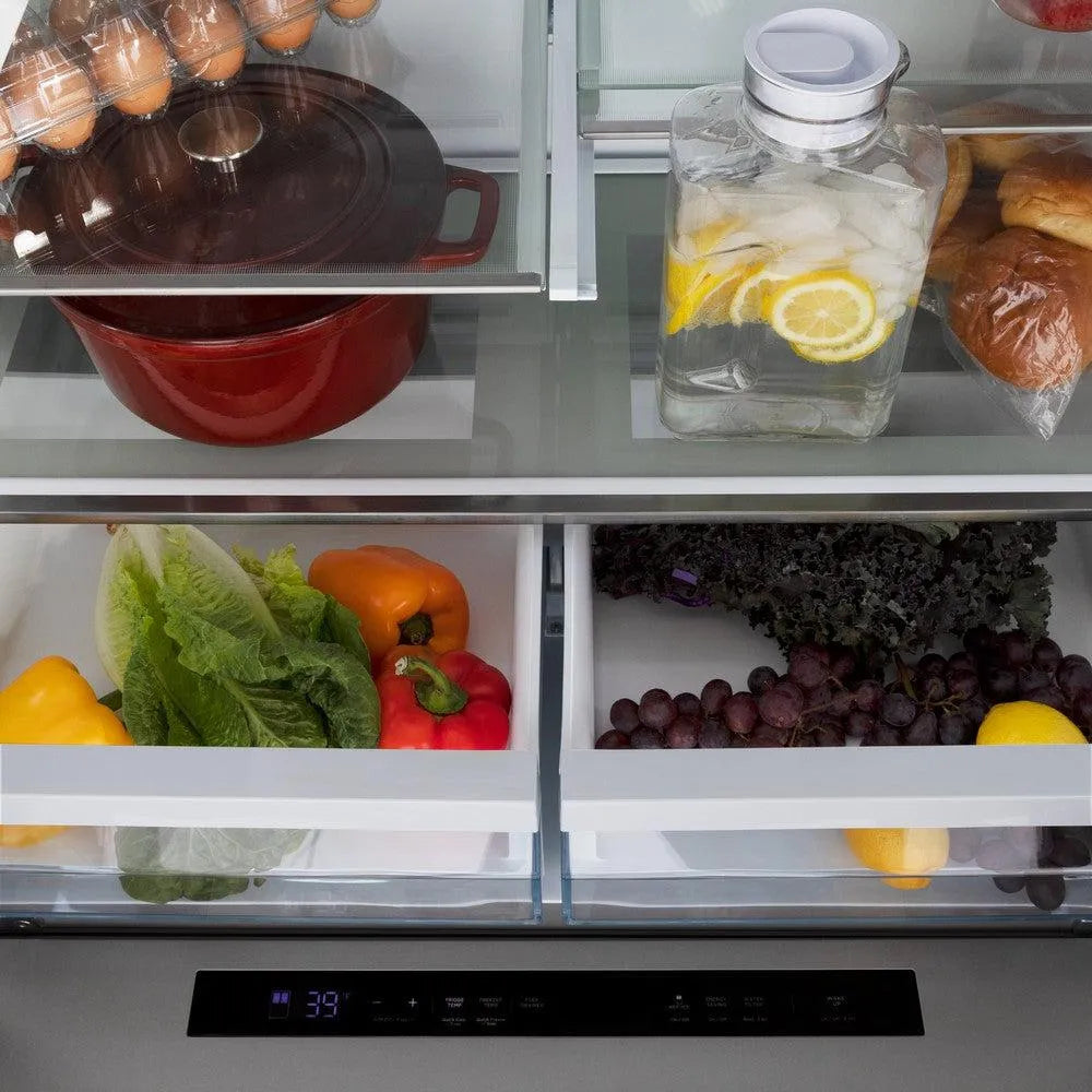 ZLINE Autograph Edition 36-inch refrigerator in fingerprint-resistant stainless steel with bright white interior and champagne bronze accents RFMZ-W-36-FCB, detail