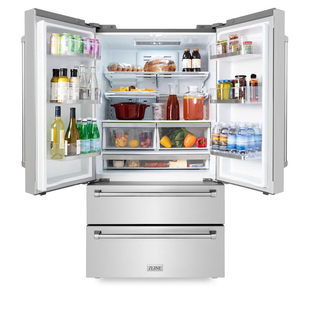 ZLINE 36-inch refrigerator in fingerprint-resistant stainless steel with bright white interior RFM-36, front view