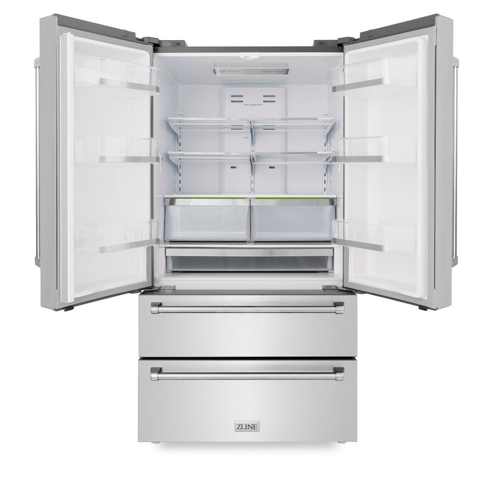 ZLINE 36-inch refrigerator in fingerprint-resistant stainless steel with bright white interior RFM-36, front view