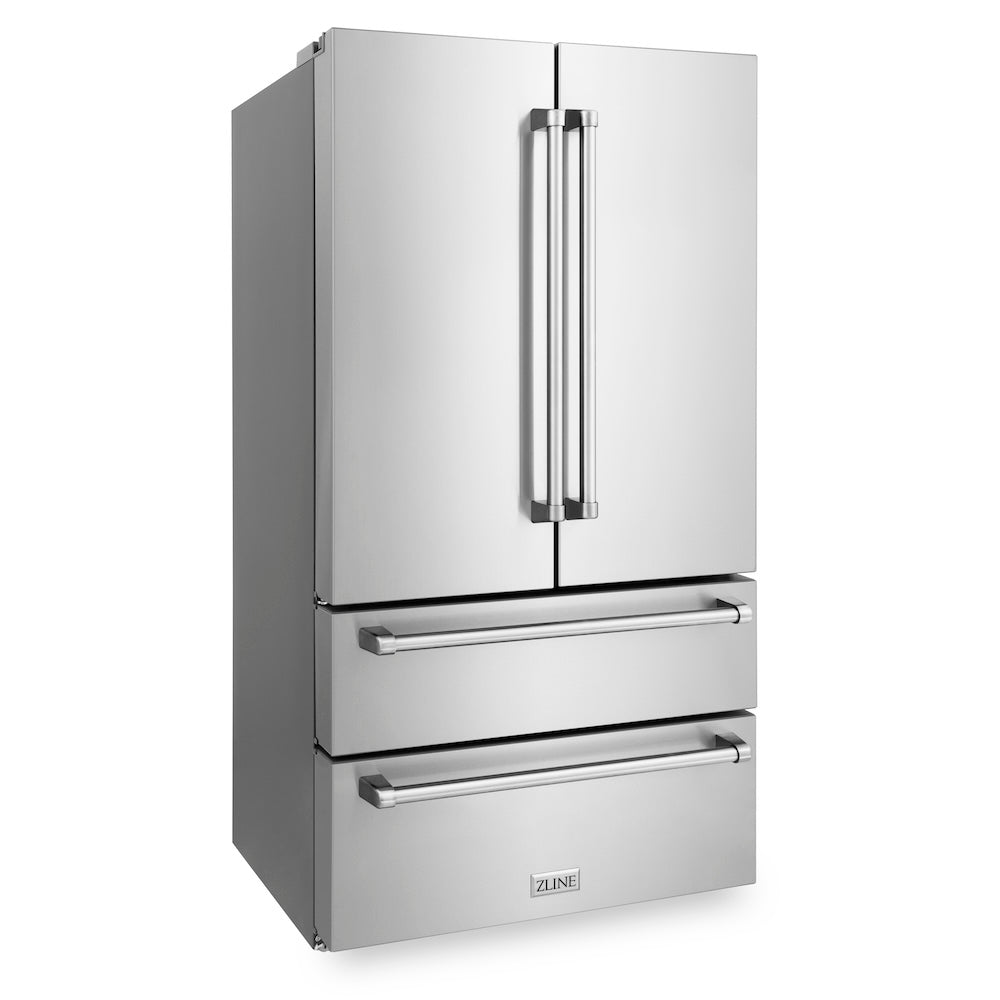 ZLINE 36-inch refrigerator in fingerprint-resistant stainless steel with bright white interior RFM-36, side view