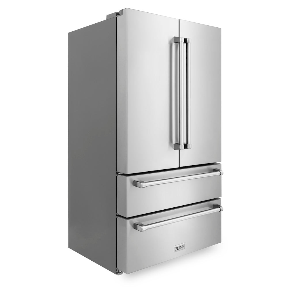 ZLINE 36-inch refrigerator in fingerprint-resistant stainless steel with bright white interior RFM-36, side view