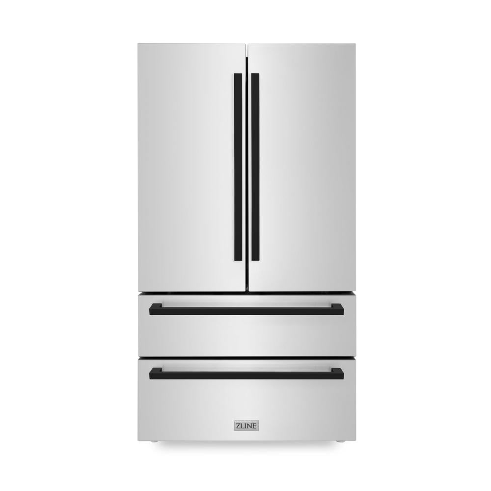 ZLINE Autograph Edition 36-inch refrigerator in fingerprint-resistant stainless steel with bright white interior and matte black accents RFMZ-36-FMB