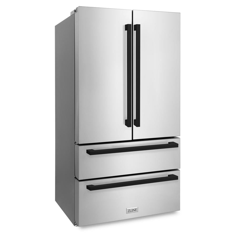 ZLINE Autograph Edition 36-inch refrigerator in fingerprint-resistant stainless steel with bright white interior and matte black accents RFMZ-36-FMB, side view