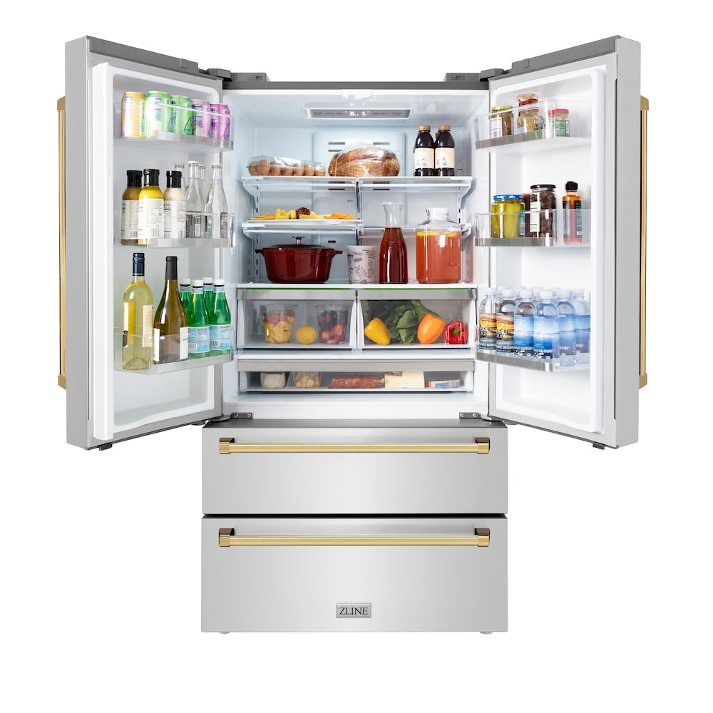 ZLINE Autograph Edition 36-inch refrigerator in fingerprint-resistant stainless steel with bright white interior and polished gold accents RFMZ-36-G, front view