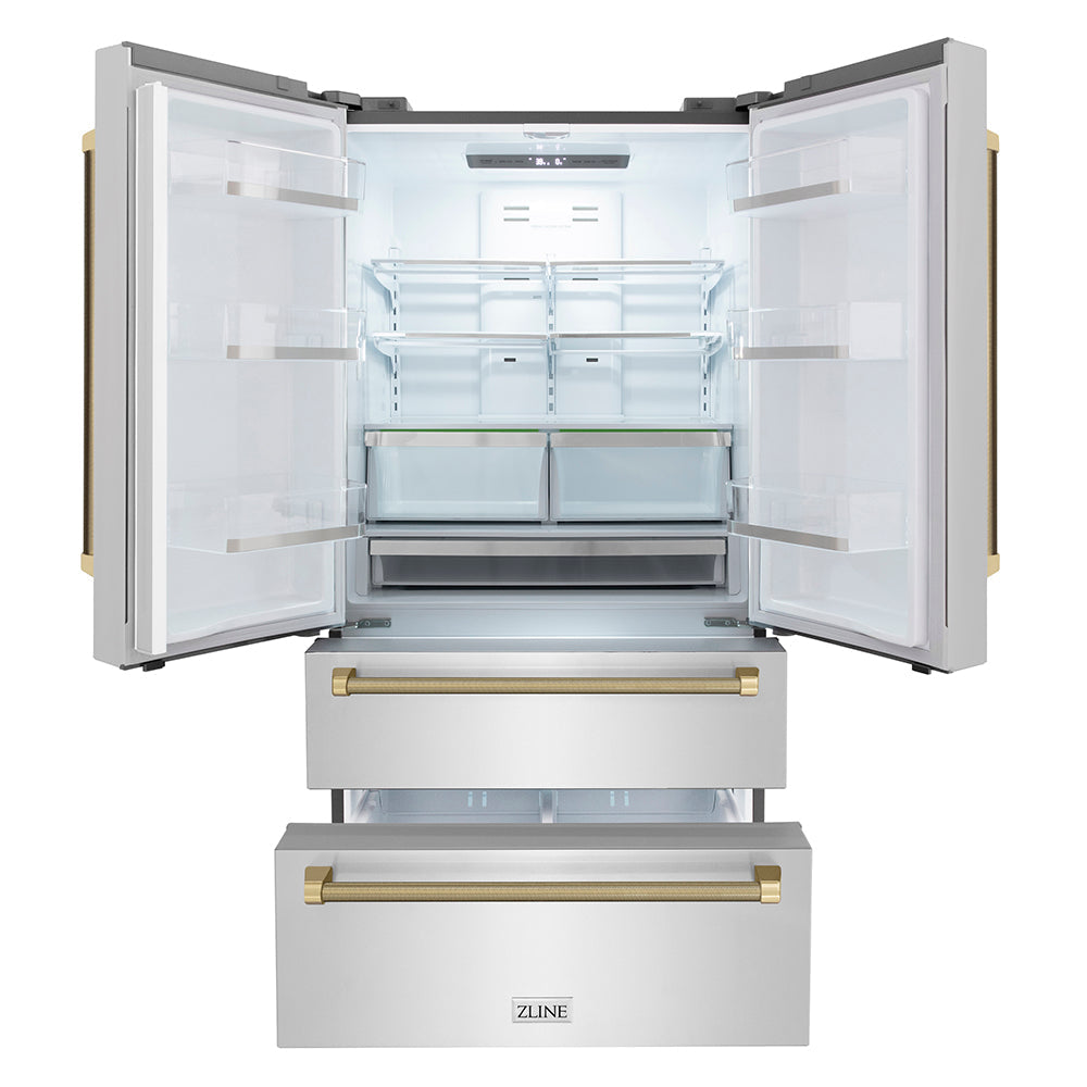 ZLINE Autograph Edition 36-inch refrigerator in fingerprint-resistant stainless steel with bright white interior and champagne bronze accents RFMZ-36-KCB, front view