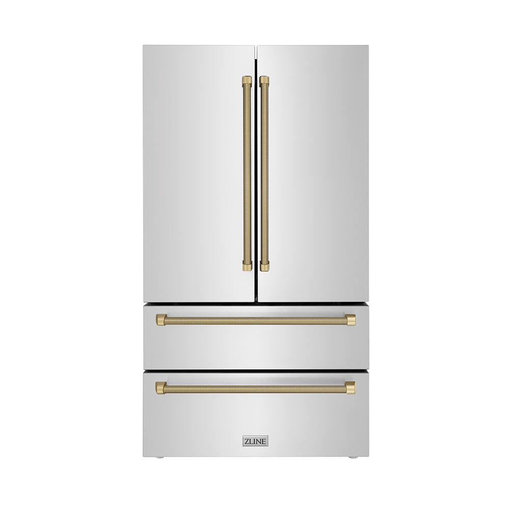 ZLINE Autograph Edition 36-inch refrigerator in fingerprint-resistant stainless steel with bright white interior and champagne bronze accents RFMZ-36-KCB