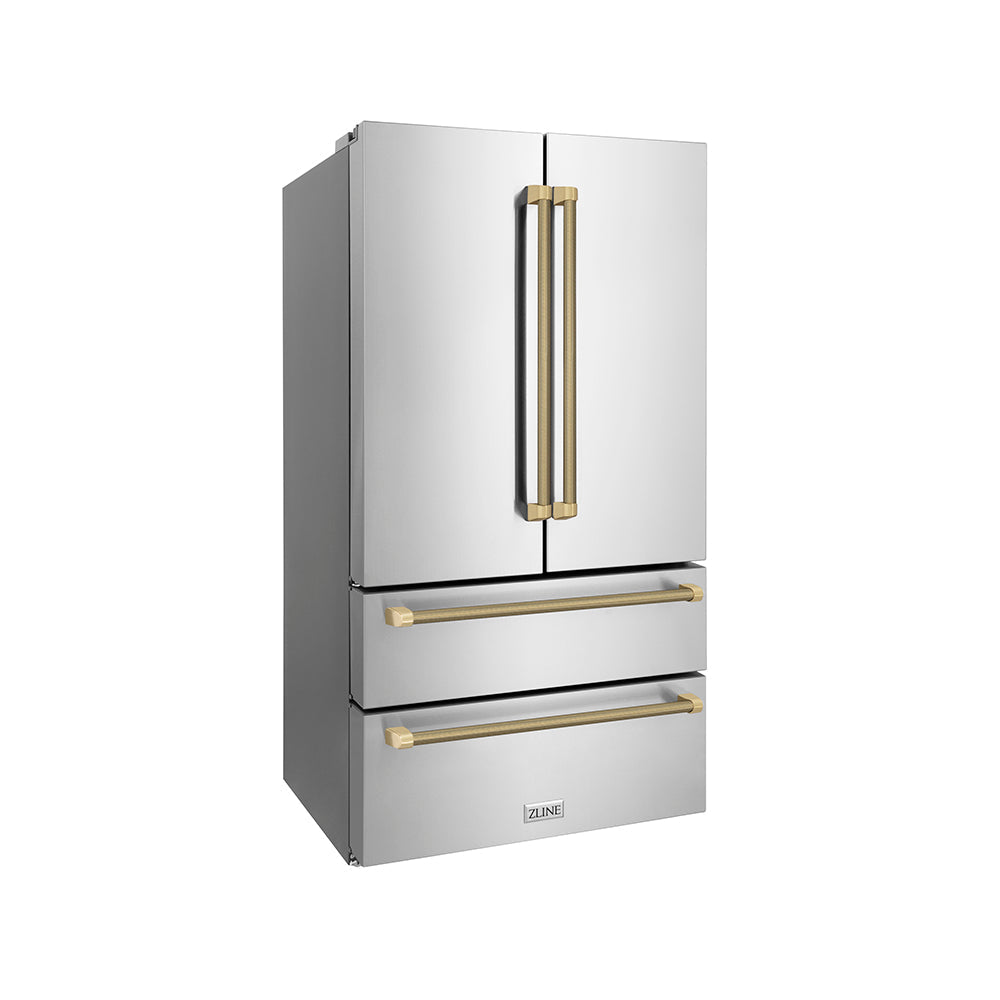 ZLINE Autograph Edition 36-inch refrigerator in fingerprint-resistant stainless steel with bright white interior and champagne bronze accents RFMZ-36-KCB, side view