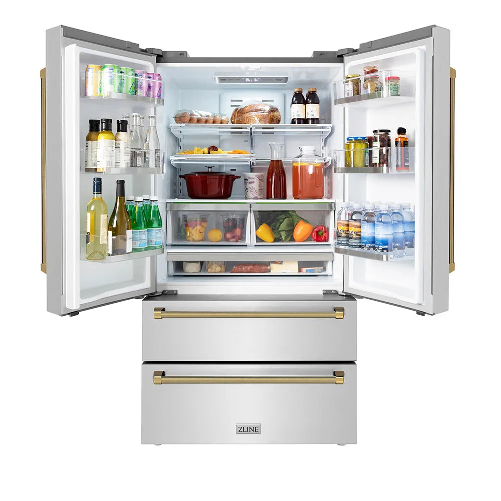 ZLINE Autograph Edition 36-inch refrigerator in fingerprint-resistant stainless steel with bright white interior and polished gold accents RFMZ-36-KG, front view