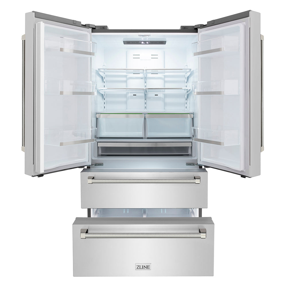 ZLINE Autograph Edition 36-inch refrigerator in fingerprint-resistant stainless steel with bright white interior and polished nickel accents RFMZ-36-KPN, front view