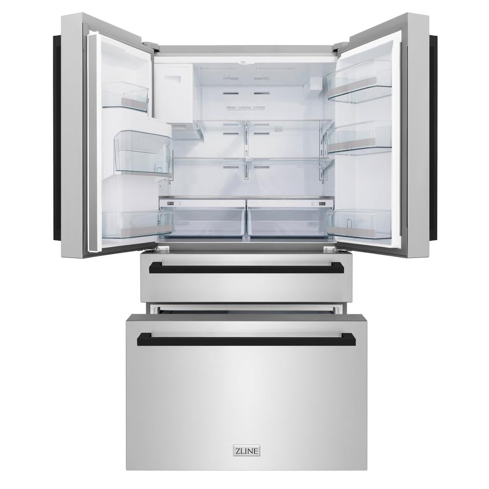 ZLINE Autograph Edition 36-inch refrigerator in fingerprint-resistant stainless steel with bright white interior and matte black accents RFMZ-W-36-FMB, front view