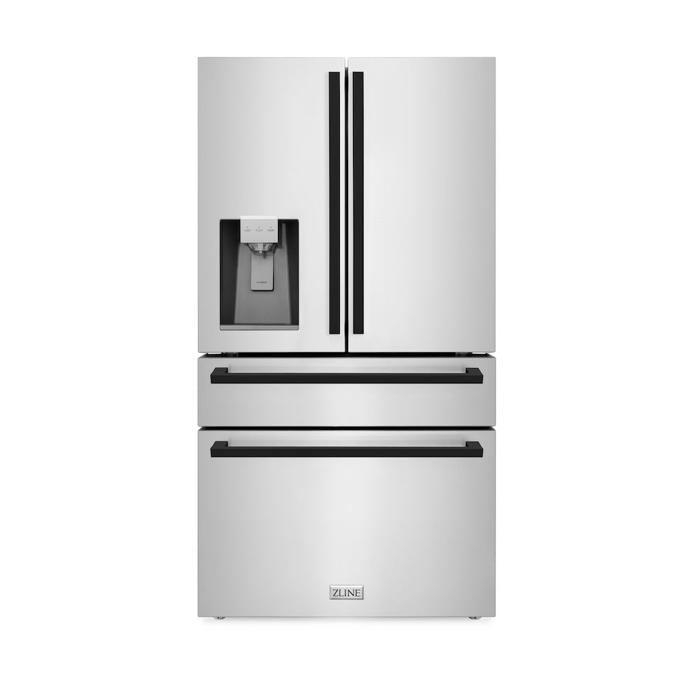 ZLINE Autograph Edition 36-inch refrigerator in fingerprint-resistant stainless steel with bright white interior and matte black accents RFMZ-W-36-FMB