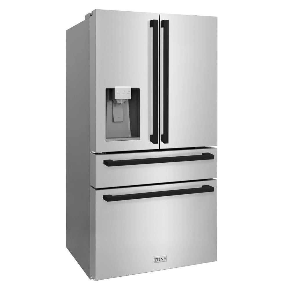 ZLINE Autograph Edition 36-inch refrigerator in fingerprint-resistant stainless steel with bright white interior and matte black accents RFMZ-W-36-FMB, side view