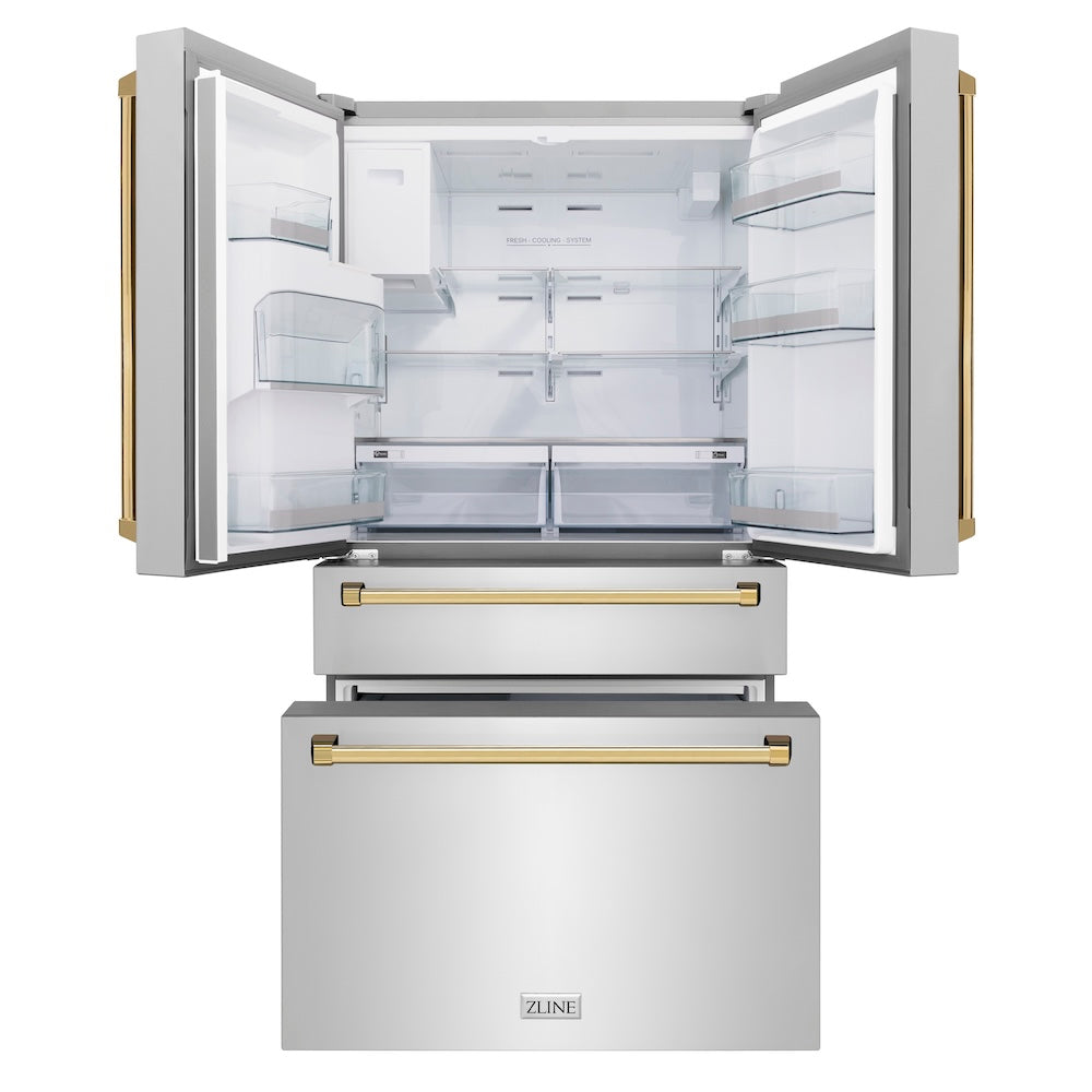 ZLINE Autograph Edition 36-inch refrigerator in fingerprint-resistant stainless steel with bright white interior and polished gold accents RFMZ-W-36-G, front view