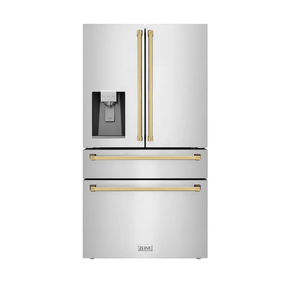 ZLINE Autograph Edition 36-inch refrigerator in fingerprint-resistant stainless steel with bright white interior and polished gold accents RFMZ-W-36-G
