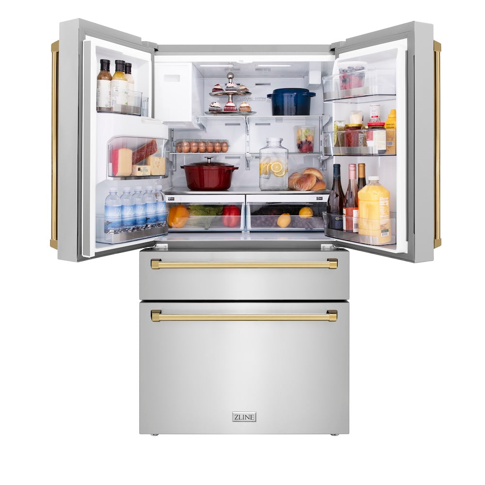 ZLINE Autograph Edition 36-inch refrigerator in fingerprint-resistant stainless steel with bright white interior and polished gold accents RFMZ-W-36-G, front view
