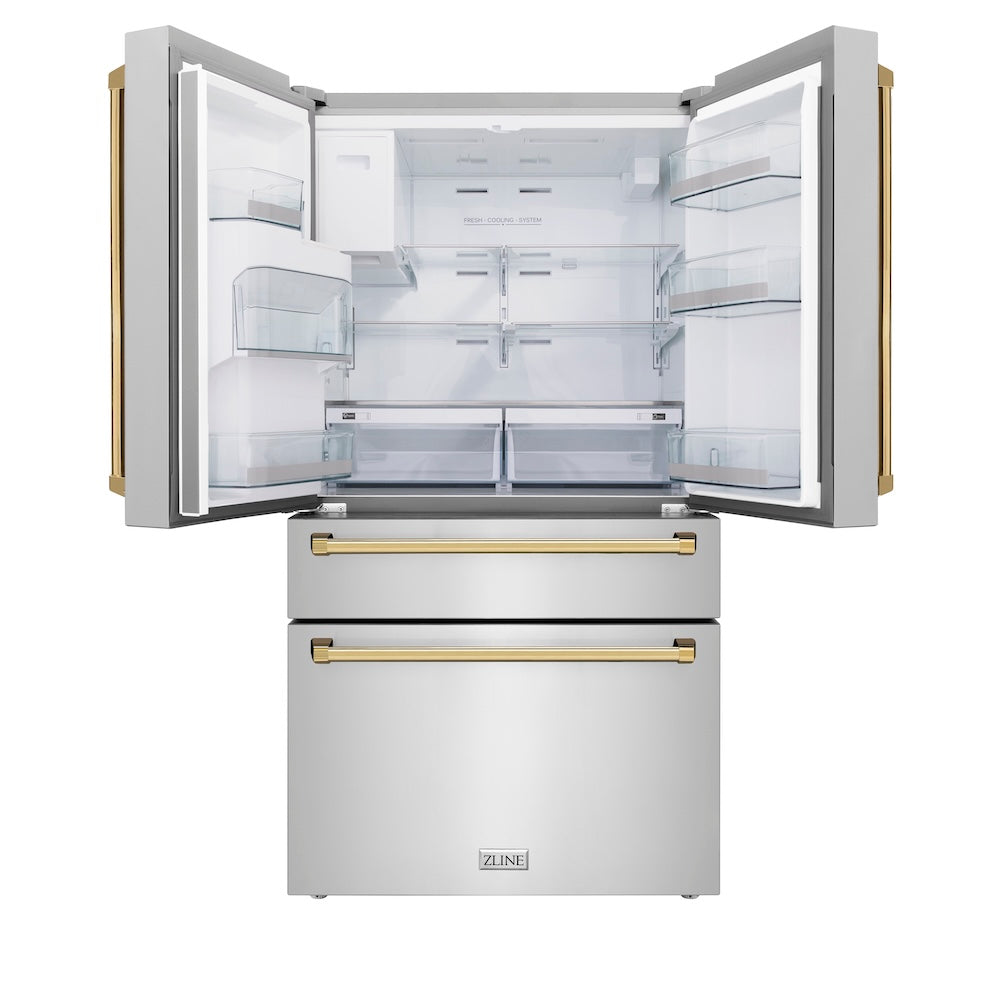 ZLINE Autograph Edition 36-inch refrigerator in fingerprint-resistant stainless steel with bright white interior and polished gold accents RFMZ-W-36-G, front view