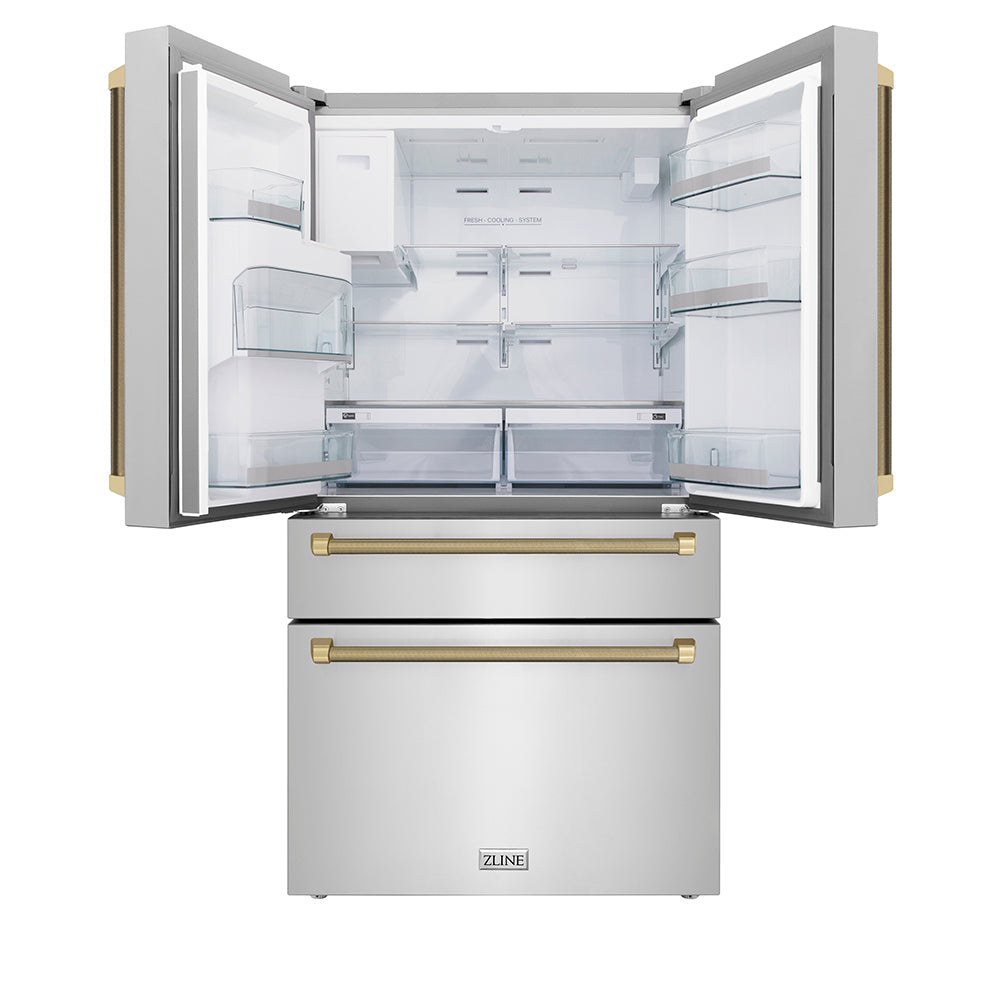 ZLINE Autograph Edition 36-inch refrigerator in fingerprint-resistant stainless steel with bright white interior and champagne bronze accents RFMZ-W-36-KCB, front view