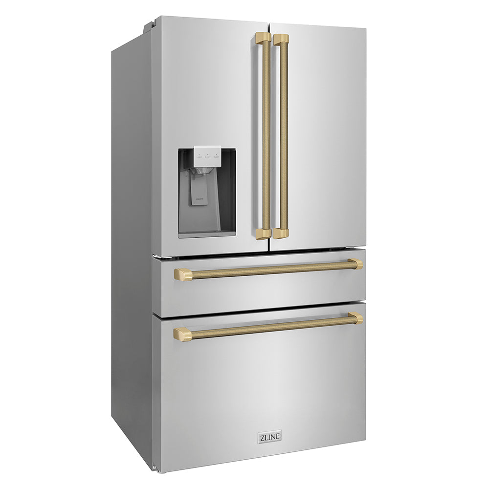 ZLINE Autograph Edition 36-inch refrigerator in fingerprint-resistant stainless steel with bright white interior and champagne bronze accents RFMZ-W-36-KCB, side view