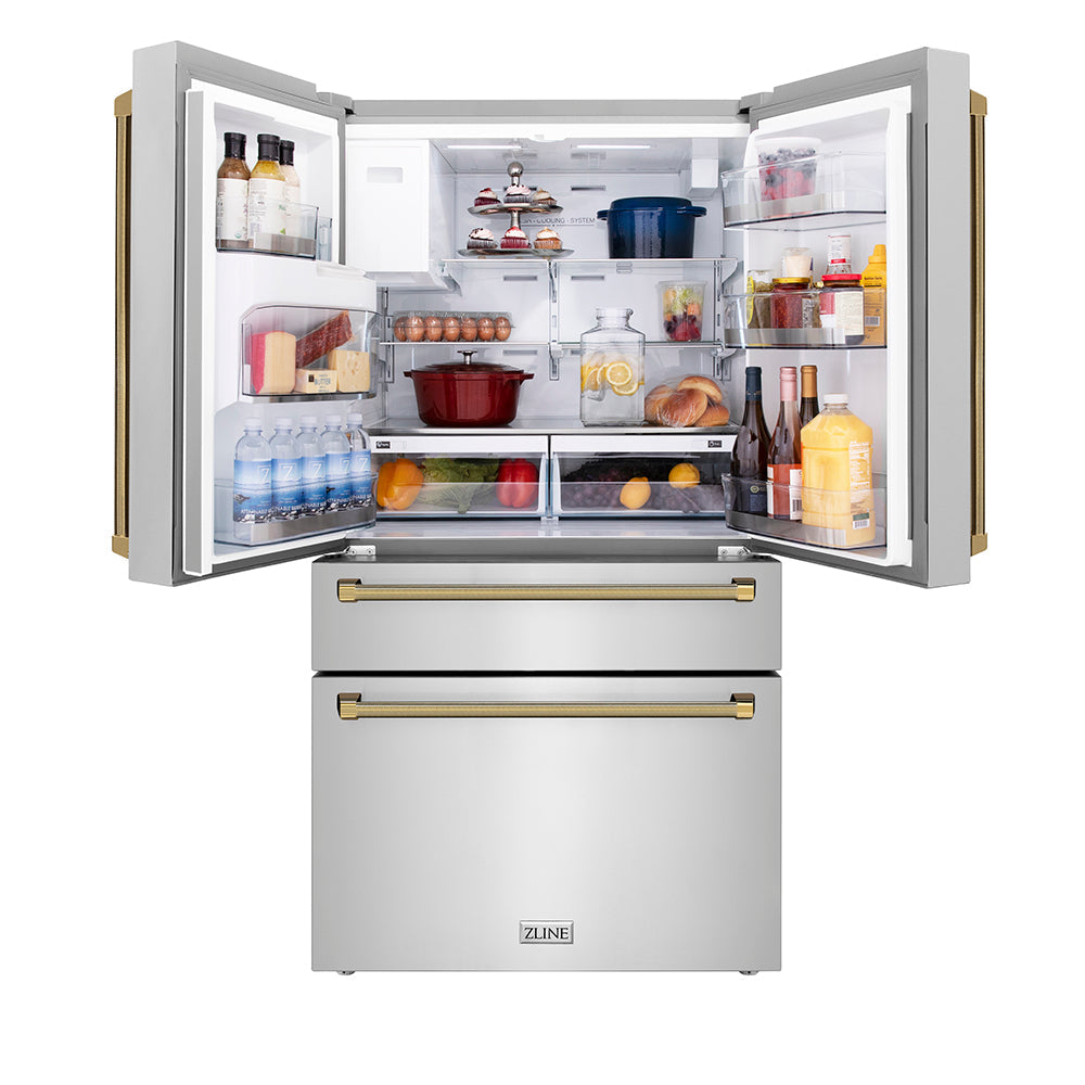 ZLINE Autograph Edition 36-inch refrigerator in fingerprint-resistant stainless steel with bright white interior and polished gold accents RFMZ-W-36-KG, front view