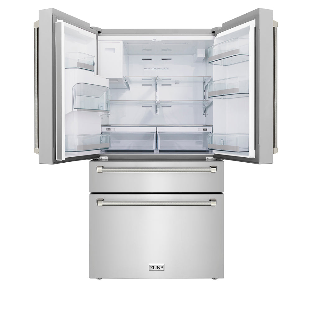 ZLINE Autograph Edition 36-inch refrigerator in fingerprint-resistant stainless steel with bright white interior and polished nickel accents RFMZ-W-36-KPN, front view
