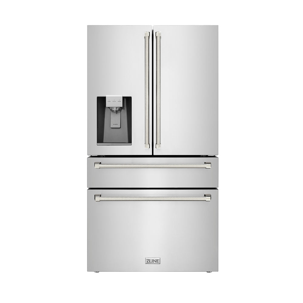 ZLINE Autograph Edition 36-inch refrigerator in fingerprint-resistant stainless steel with bright white interior and polished nickel accents RFMZ-W-36-KPN