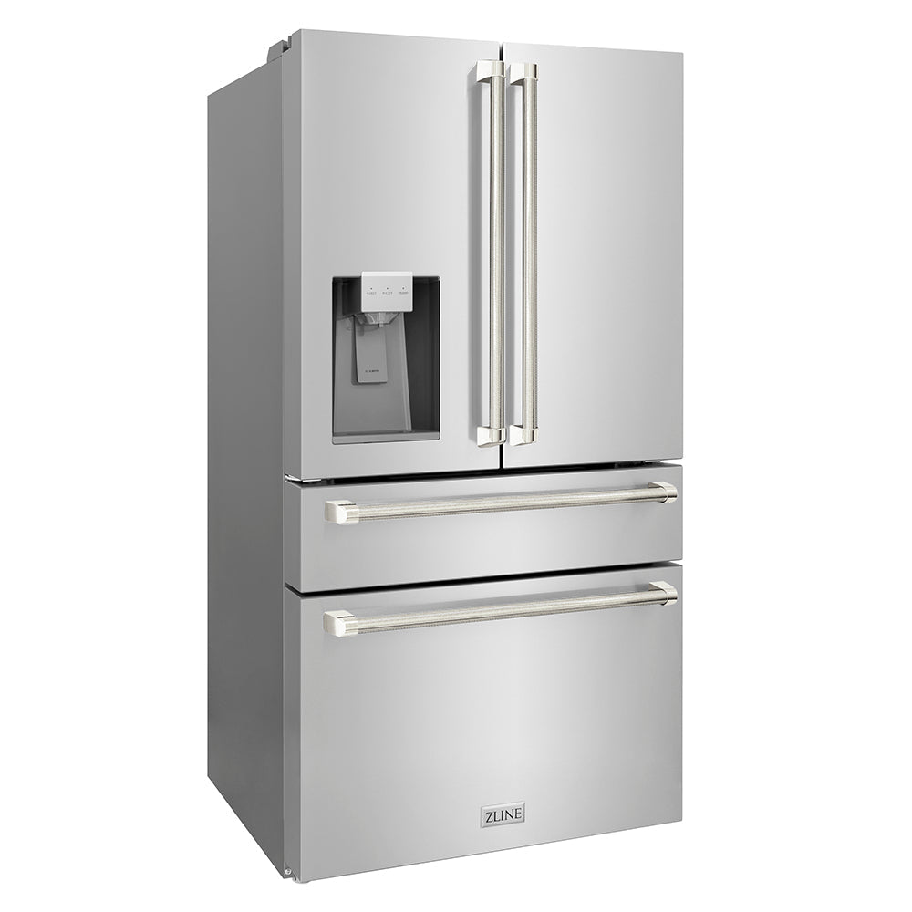 ZLINE Autograph Edition 36-inch refrigerator in fingerprint-resistant stainless steel with bright white interior and polished nickel accents RFMZ-W-36-KPN, side view