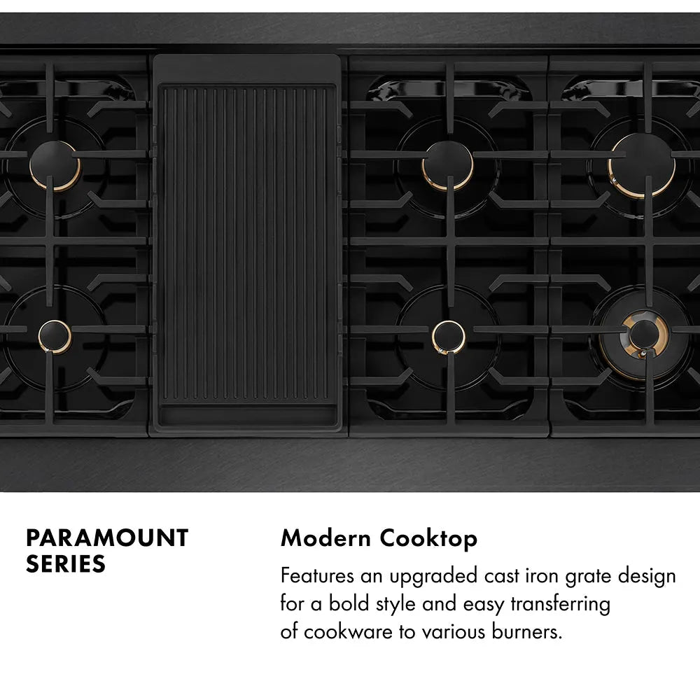 ZLINE Paramount 48-inch range in black satin stainless steel and matte black and champagne bronze accents SGRBSZ-48-MBCB, from above
