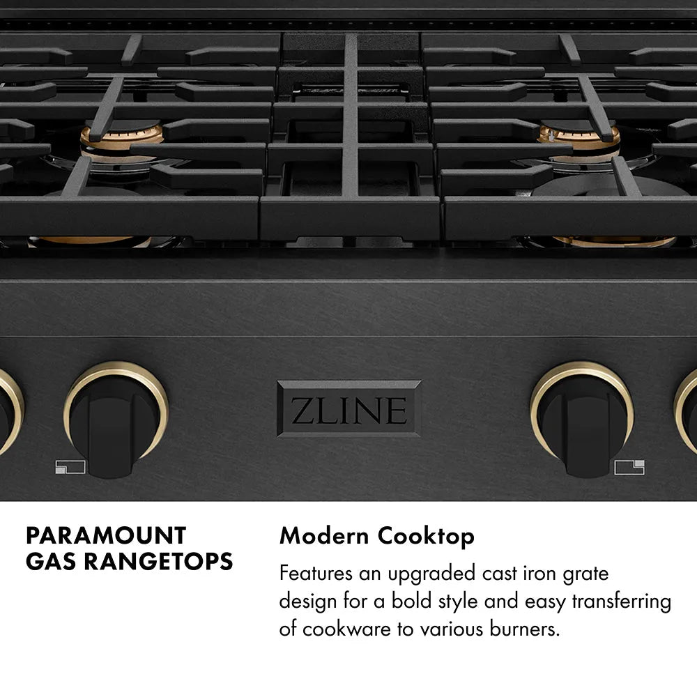 ZLINE Paramount 30-inch rangetop in black satin stainless steel and matte black and champagne bronze accents SRTBSZ-30-MBCB, from above