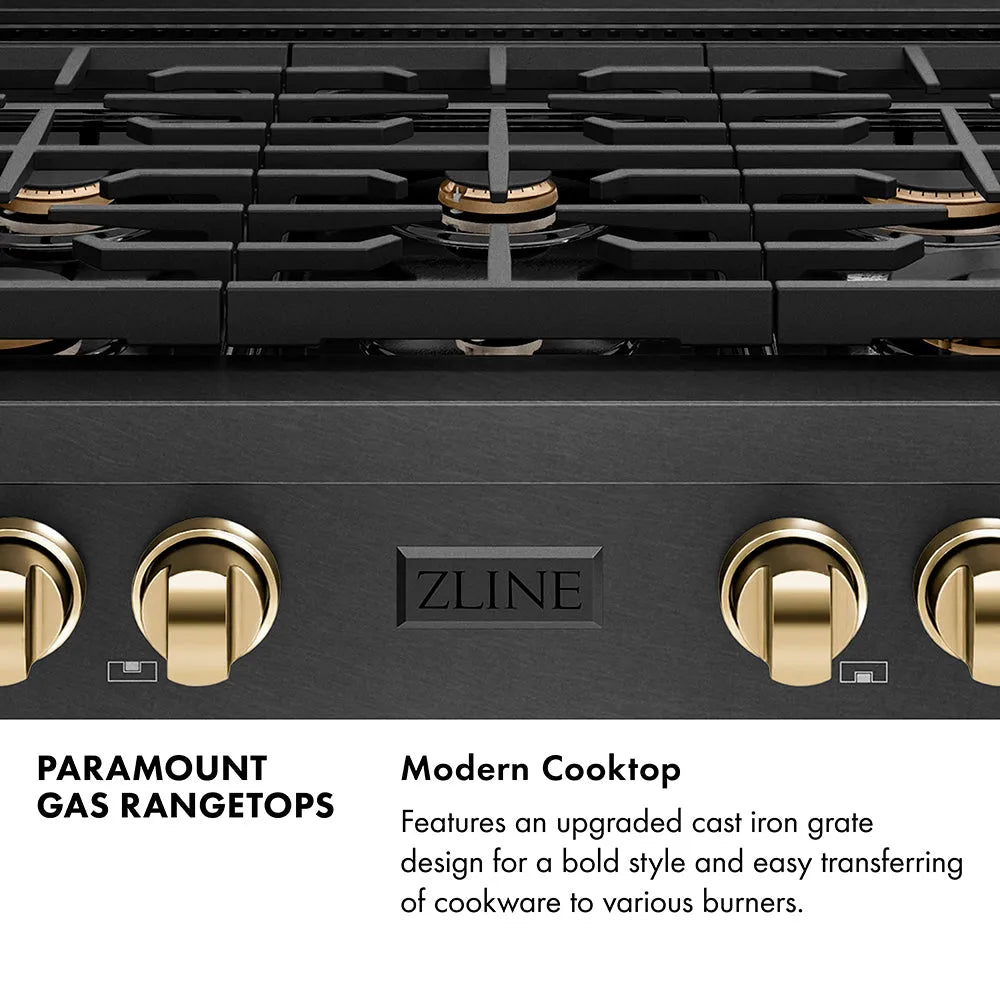 ZLINE Autograph Edition Paramount 36-inch rangetop in black satin stainless steel and polished gold accents SRTBSZ-36-G, from above