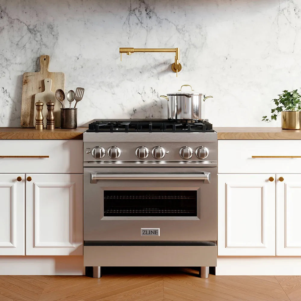 ZLINE Legacy 30-inch dual fuel range RA30 installed in a kitchen